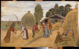 Mlácení sklizně cepem (Mlato) - Dílo Borise Michayloviče Kustodieva (Koustodieva) (1878-1927), pastel na kartonu, 59x100 cm od Boris Mikhailovich Kustodiev