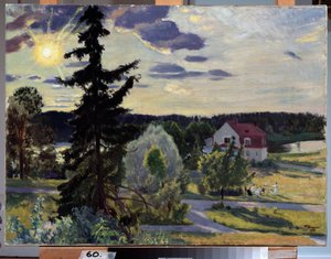 Večerní krajina. Skupina dětí si hraje s míčem na trávníku před domem. Obraz Boris Michaylovič Kustodiev (Kustodiev) (1878-1927), olej na plátně od Boris Mikhailovich Kustodiev