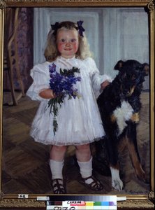 Portrét Dcery Iriny Se Psem Shumkou. Obraz Boris Michaylovič Kustodiev (Kustodiev) (1878-1927), olej na plátně od Boris Mikhailovich Kustodiev