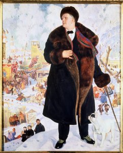 Portrét zpěváka Feodora (Fiodor, Fedor) I. Chaliapin (Chaliapin) (1873-1938) (Portrét zpěváka F.I.Shalyapina). V kožichu a klobouku v doprovodu buldoka, který na něj zírá, stojí zpěvák hrdě před animacemi od Boris Mikhailovich Kustodiev