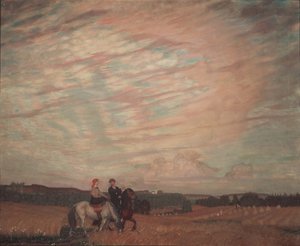 Autoportrét s manželkou na koni, 1915 od Boris Mikhailovich Kustodiev