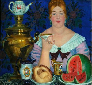 Manželka obchodníků pije čaj, 1923 od Boris Mikhailovich Kustodiev