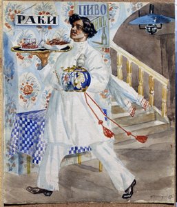 Ruský číšník v moskevské taverně nesoucí tác s jídlem a konvicemi. (Číšník). Obraz Boris Michaylovič Kustodiev (Kustodiev) (1878-1927) od Boris Mikhailovich Kustodiev