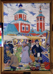 Jarmark (A Fair). Žánrová scéna, popis trhu v provinčním městě, kde na scénu shlíží střecha několika budov a zvonice kostela. Popis animace, sedláci v krojích, soudce a bolí od Boris Mikhailovich Kustodiev