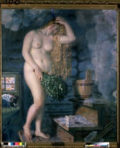 Ruská Venuše (Ruská Venuše). Mladá usměvavá a nahá žena, v koupelně, typ sauna, s kyticí větví. Obraz Boris Michaylovič Kustodiev (Kustodiev) (1878-1927), olej na plátně