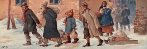 Sovětští dělníci opouštějící své kanceláře se svými příděly jídla (color litho) od Boris Vasilievich Zvorykin