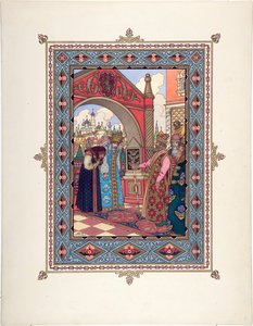 Vasilissa la Belle (Vassilissa la tres Belle) - ilustrace k pohádce Vasilisa krásná par Zvorykin, Boris Vasilievich (1872-po 1935), c. 1925 - Barevná litografie, 27,3x20,5 - Soukromá sbírka