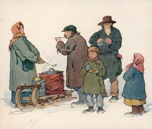 Žena prodávající horkou polévku na ulici v sovětském Rusku (barva litho)