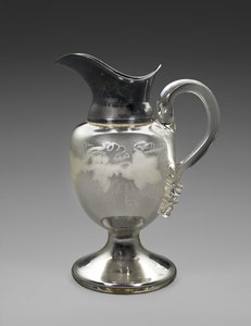 Džbán, c. 1865-1871 (stříbřené sklo, stříbrný talíř, korek, papír) od Boston Silver Glass Company