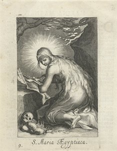 Svatá Marie Egyptská jako poustevnice S. Maria Aegyptiaca (titul na předmětu) Hermitesses (název série) Sacra Eremus Ascetriarum (název série) od Boëtius Adamsz. Bolswert