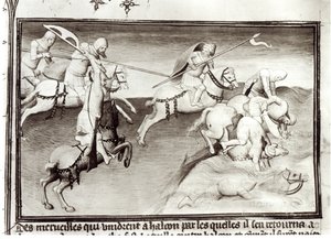 Paní Fr 2810 Mongolský vůdce Hulagu, chán Ilkhanátu pronásleduje svého bratrance Berkeho, chána z Kipčaku neboli Zlaté hordy v roce 1262 a přinutí ho do řeky, z Livre des Merveilles du Monde, kolem 1410-