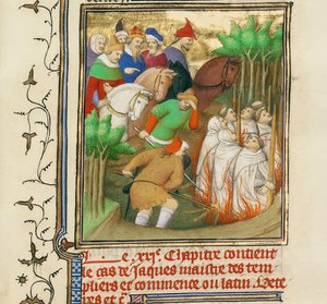 Templářští rytíři upáleni za přítomnosti Filipa Sličného a jeho dvořanů, cca 1413-1415 od Boucicaut Master,