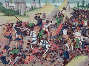 Ms 5089-90 Bitva mezi Saracény a křesťany během křížových výprav, z Chroniques des empereurs od Davida Auberta, 1462