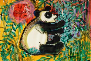 Panda (akrylová barva plakátu a barevné inkousty)