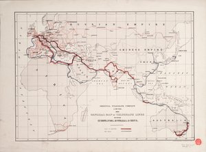 Obecná mapa telegrafních linek mezi Evropou, Indií, Austrálií a Čínou od British School