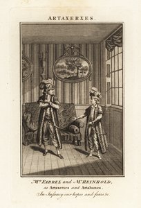 Paní Margaret Farrel a pan Charles Frederick Reinhold v perském kostýmu jako Artaxerxes a Artabanes v opeře Thomase Arna Artaxerxes od British School