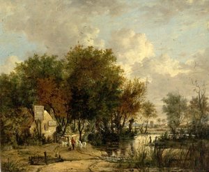 River Scene, Chlapec řídí ovce (olej na dřevě) od British School