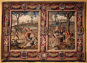Září a říjen: "zemědělské práce a sklizeň" Tapiserie z manufaktur v Mortlake. 17. století Genes, Musei di Strada Nuova od British School