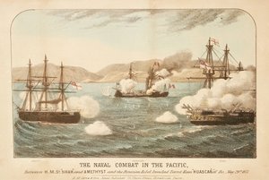 Námořní bitva v Tichomoří mezi HMS "Shah" a "Amethyst" a peruánským rebelem, Ironclad Turret Ram Huascar u Ilo, 29. května 1877 od British School