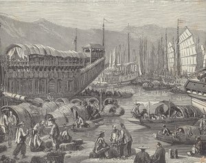 Plavidla v rušném přístavu, Šanghaj, Čína (rytina) od British School