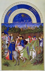 Faksimile května: Dvorní figurky na koni, z „Les Tres Riches Heures du Duc de Berry“ (vellum) (originál viz 8437) od Brothers Limbourg