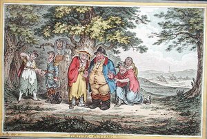 Fortune Hunting, leptaný Jamesem Gillrayem (1757-1815) publikoval Hannah Humphrey v roce 1804 (ručně kolorovaný lept)