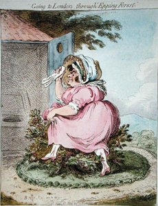 Cesta do Londýna přes Epping Forest, leptaná Jamesem Gillrayem (1757-1815), vydaná Hannah Humphrey v roce 1802 (ručně kolorovaný lept)