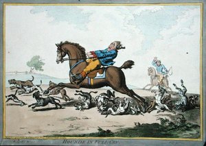 Hounds in Full Cry, leptané Jamesem Gillrayem (1757-1815) vydané Hannah Humphrey v roce 1800 (ručně kolorovaný lept)