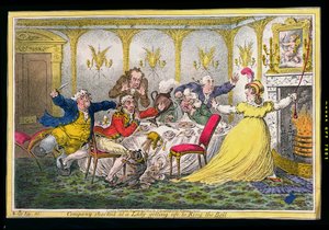 Company šokovala Dáma vstávající do Ring the Bell, vyleptané Jamesem Gillrayem (1756-1815) vydané Hannah Humphrey v roce 1804 (ručně kolorovaný lept)