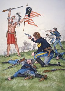 Siouxský bojovník proti 7. pluku americké kavalerie v bitvě u Little Bighornu, 25. června 1876, ze souboru šesti obrazů