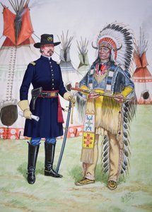 Náčelník Rudý oblak z kmene Oglala Sioux nabízí dýmku míru důstojníkovi 5. pluku americké kavalerie při podpisu smlouvy ve Fort Laramie v roce 1868, ze sady šesti obrazů.