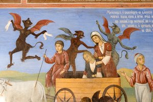 Bulharsko, Rilský klášter, freska v kostele Narození Panny Marie od Bulgarian School
