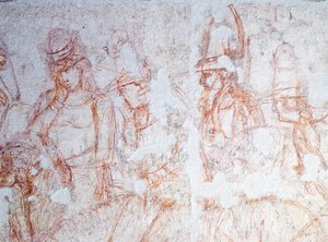 Figurky jezdců na koních, detail z Triumph of Death, od Bonamico Buffalmacco (aktivní v první polovině 14. století)