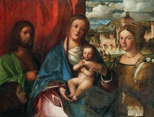 Panna a dítě se svatými Janem Křtitelem, Kateřinou Alexandrijskou a Donátorem, počátek 16. stol. od Buonconsiglio