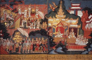 Nebo 14297 fol. 6-7 Zrození budoucího Buddhy, kolem 1800-20 (kvaš na papíře) od Burmese School