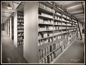 Vnitřní pohled na sklad chemikálií v Parke, Davis und Co., chemici, Hudson und Vestry Streets, New York, 1910 (potisk stříbrné želatiny) od Byron Company