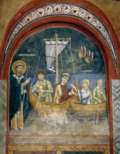 Zjevení svatého Mikuláše trosečníkům, Detail z příběhů života svatého Mikuláše, románské fresky v byzantském stylu, konec 11. století, kaple svatého Eldrada a svatého Mikuláše, opatství Novalesa, Piemont, Itálie od Byzantine