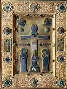 Byzantské umění: Evangelikál ze zlata a smaltu zdobený zlatými listy odpuzuje filigránovým krucifixem představujícím Pannu Marii a svatého Jana. 12.-13. století Benátky tesoro San Marco (tresor svatého Marka) od Byzantine