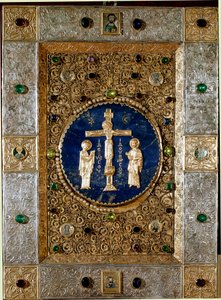 Byzantské umění: obálka evangelia zdobená zlatými listy odpuzuje filigránový krucifix představující Pannu Marii a svatého Jana. 13. století. Benátky tesoro de San Marco (pokladník svatého Marka) od Byzantine