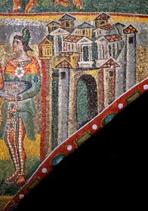 Křesťanské umění: „Klanění tří králů“. Detail krajiny. Mozaika 5. století. Triumfální oblouk, bazilika Santa Maria Maggiore (Svatá Maria Major), Řím. od Byzantine