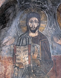 Detailní záběr na fresku pantokratora, Christ Pantocrator, Zoupena, Sparta, Peloponés, Řecko od Byzantine