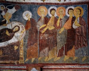 Usnutí Panny mezi apoštoly, Detail, byzantská freska (13. století), Gulsehir Karsi Kilise (kostel sv. Jana), Goreme (Seznam světového dědictví UNESCO od Byzantine