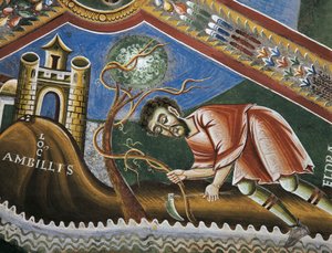 Eldrad obdělávání půdy v Ambilly, Provence, Detail z příběhů života svatého Eldrada, románské fresky v byzantském stylu, konec 11. století, kaple svatého Eldrada a svatého Mikuláše, opatství Novalesa, Piemont, Itálie. od Byzantine