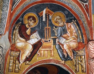 Evangelisté Marek a Jan píšící evangelia, Karanlik Kilise (Temný kostel) (12.-13. století), Goreme (Seznam světového dědictví UNESCO od Byzantine