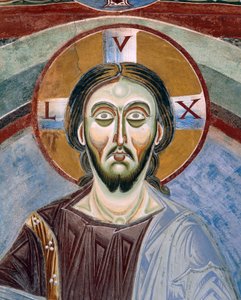 Tvář Krista Pantokratora, Detail románských fresek v byzantském stylu, konec 11. století, kaple svatého Eldrada a svatého Mikuláše, opatství Novalesa, Piemont, Itálie od Byzantine