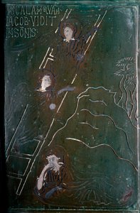 Jákob ve snu vidí anděly vystupovat a sestupovat po bronzové dlaždici vyrobené v Konstantinopoli v roce 1076. Monte Sant 