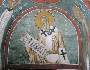 Obrazy světce držícího dopis, sv. Ignác z Antiochie, Panagia Too Araka, Lagoudera, Kypr od Byzantine