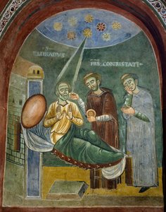 Umírající svatý Eldrad při přijímání eucharistie, detail z Příběhů svatého Eldrada, románská freska, byzantský styl, konec 11. století, kaple svatého Eldrada a svatého Mikuláše, opatství Novalesa, Piemont, Itálie. od Byzantine
