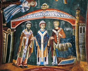 Svatý Mikuláš Zasvěcený biskup z Myry, Detail z příběhů svatého Mikuláše, románská freska, byzantský styl, konec 11. století, kaple svatého Eldrada a svatého Mikuláše, opatství Novalesa, Piemont, Itálie. od Byzantine