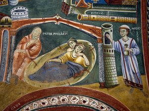 Svatý Mikuláš zachraňující bohatého kupce upadl do chudoby a platí věno svých dcer, Detail z Příběhů svatého Mikuláše, románská freska, byzantský styl, konec 11. století, kaple svatého Eldrada a svatého Mikuláše, opatství Novalesa, Piemont, Itálie od Byzantine